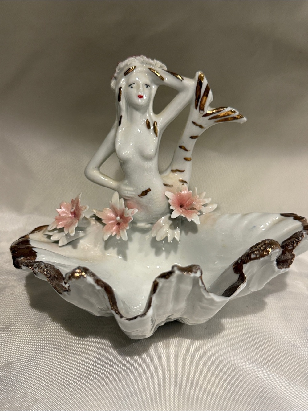 Capidominte White and Gold Porcelain Mermaid Trinket Dish with Pink Flowers